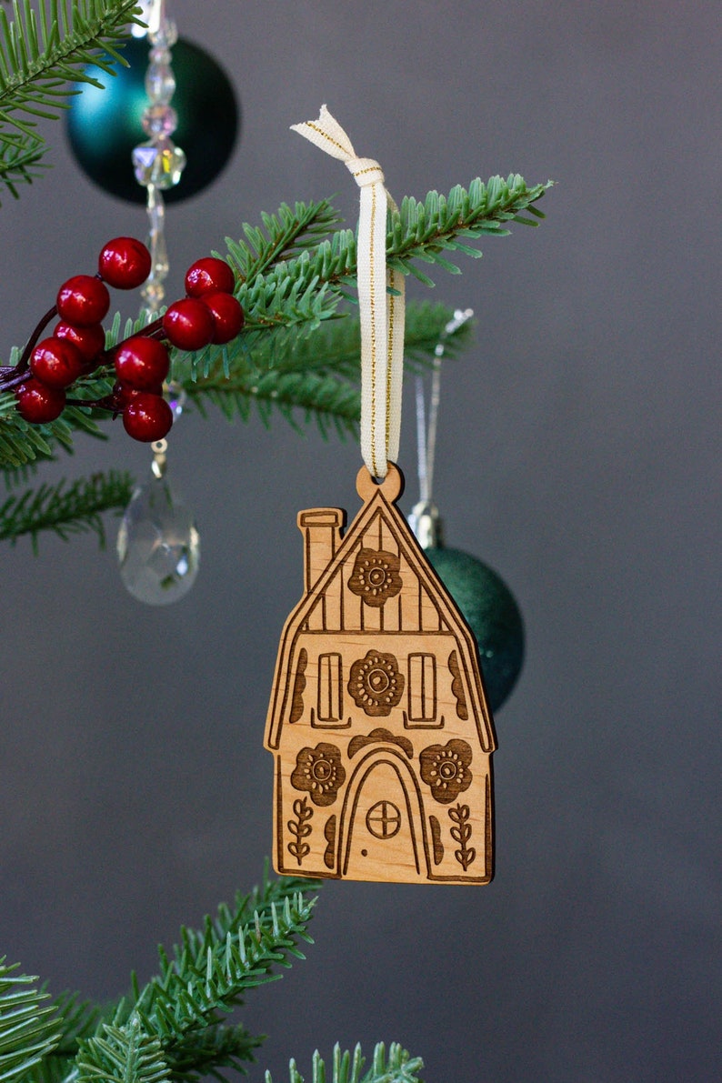 Scandinavian House Folk Art Wood Ornament Mom Ornament, House Ornament, Housewarming Gift, Stocking Stuffers, Hostess Gift image 1