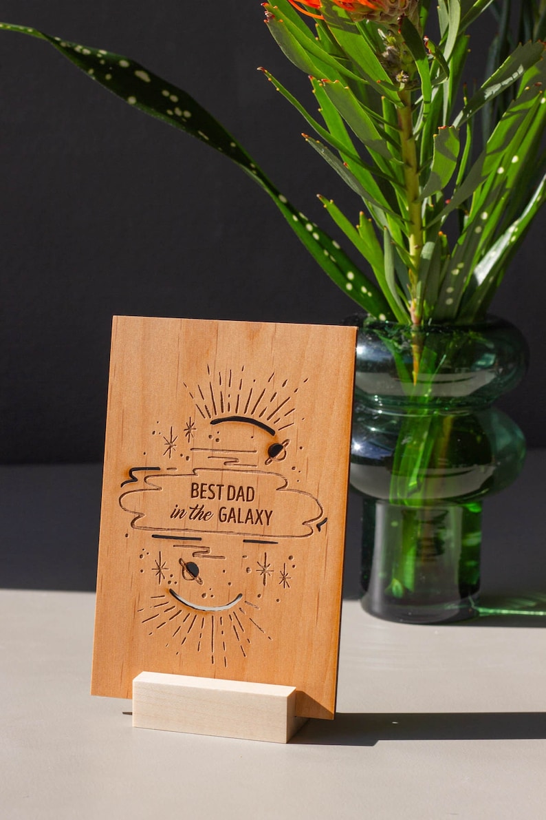 Best Dad In The Galaxy Wood Father's Day Card Personalized Gifts for Dad, Custom Message, Birthday, Just Because image 1