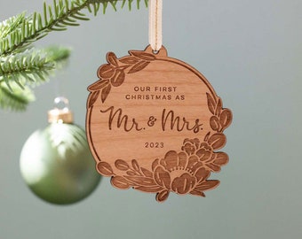 Our First Christmas as Mr. and Mrs. Wood Ornament 2023 [Christmas Ornament, Stocking Stuffer Wedding Gift, Holiday Decor, Marriage Ornament]