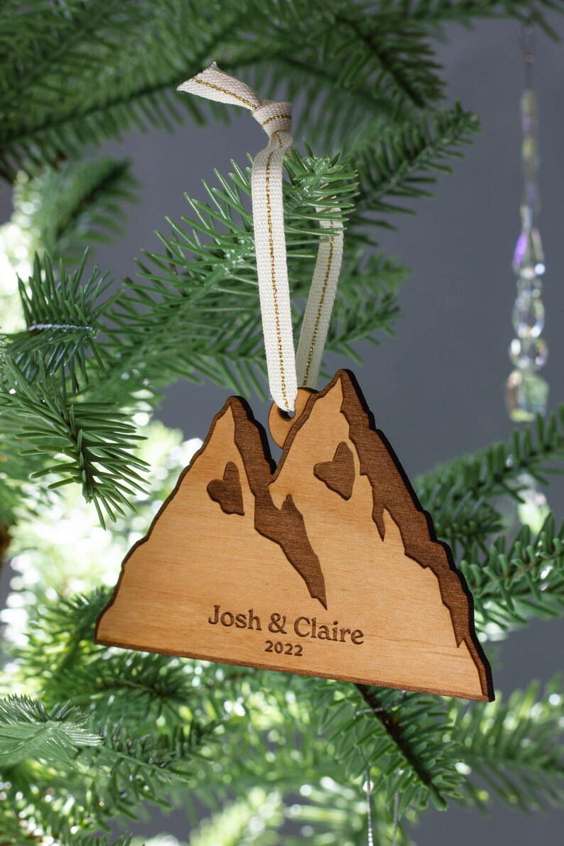 Personalized Mountains Ornament Couples Gift, Newlywed Holiday Ornament, Custom Wedding Gift, Our First Christmas, Hiking Ornament image 2
