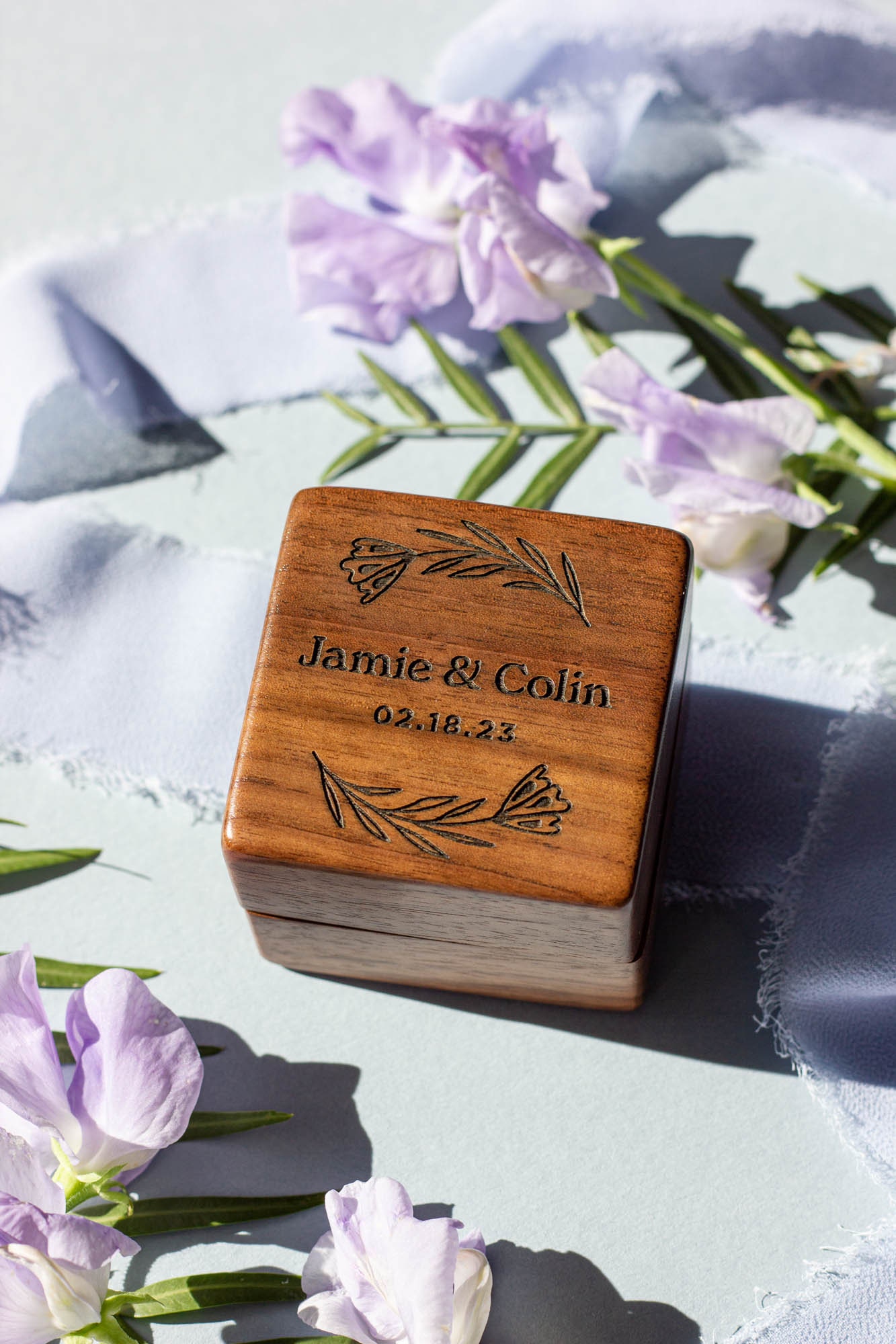 Floral Wood Personalized Ring Box [Wedding Ring Holder, Wedding Ceremony Ring Box, Wooden Engagement Ring Box, Ring Bearer Ring Box, Walnut]