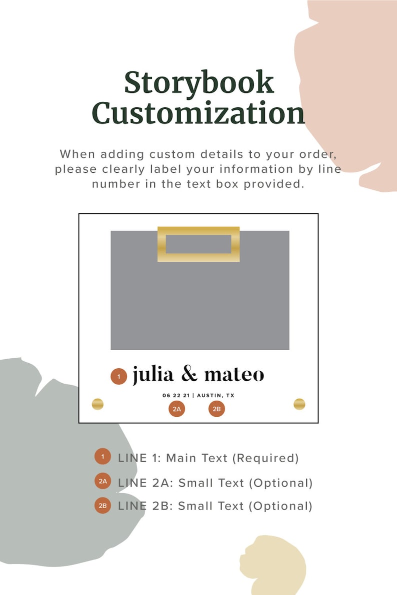 May include: A gray rectangular box with a gold border and a gold rectangle inside. The text "julia & mateo" is below the box, along with the date "06 22 21" and the location "AUSTIN, TX".  The text "LINE 1: Main Text (Required)" is below the box, along with the text "LINE 2A: Small Text (Optional)" and "LINE 2B: Small Text (Optional)".