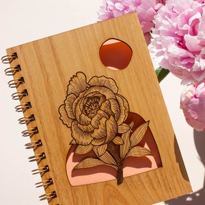 Blooming Peony Wood Journal Flower Notebook, Sketchbook, Spiral Bound, Blank Pages, Gifts for Her, Just Because image 3