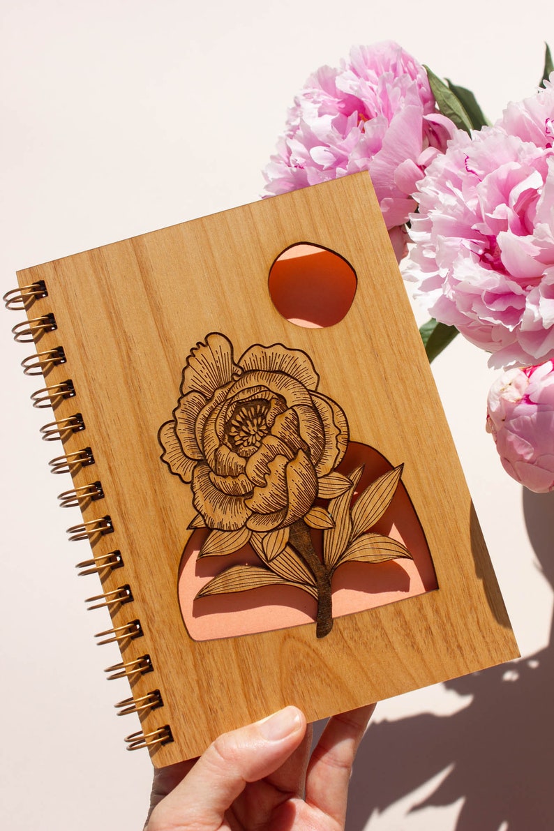 Blooming Peony Wood Journal Flower Notebook, Sketchbook, Spiral Bound, Blank Pages, Gifts for Her, Just Because image 3