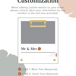 May include: A gray and gold customizable wedding sign template with the text "Mr & Mrs Customization".  The template has three lines for text, labeled 1, 2, and 3.  Line 1 is labeled "Main Text (Required)", line 2 is labeled "Small Text (Optional)", and line 3 is labeled "Small Text (Optional)".