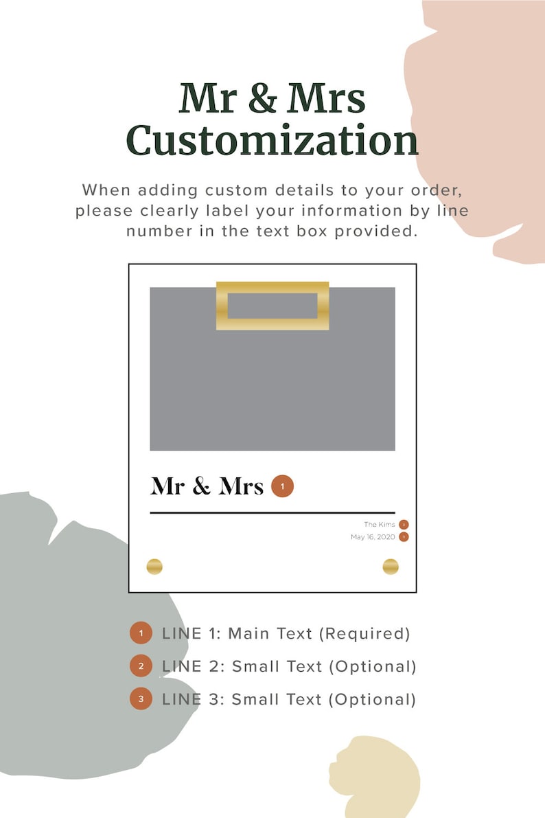 May include: A gray and gold customizable wedding sign template with the text "Mr & Mrs Customization".  The template has three lines for text, labeled 1, 2, and 3.  Line 1 is labeled "Main Text (Required)", line 2 is labeled "Small Text (Optional)", and line 3 is labeled "Small Text (Optional)".