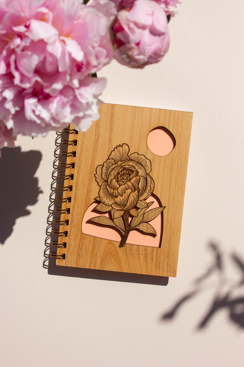 Blooming Peony Wood Journal Flower Notebook, Sketchbook, Spiral Bound, Blank Pages, Gifts for Her, Just Because image 1