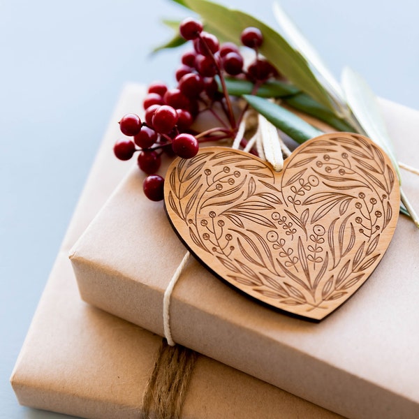 Floral Heart Wood Ornament [Personalized Ornament, Laser Cut Christmas Ornament, Stocking Stuffer, Holiday Decor, Engagement Ornament]