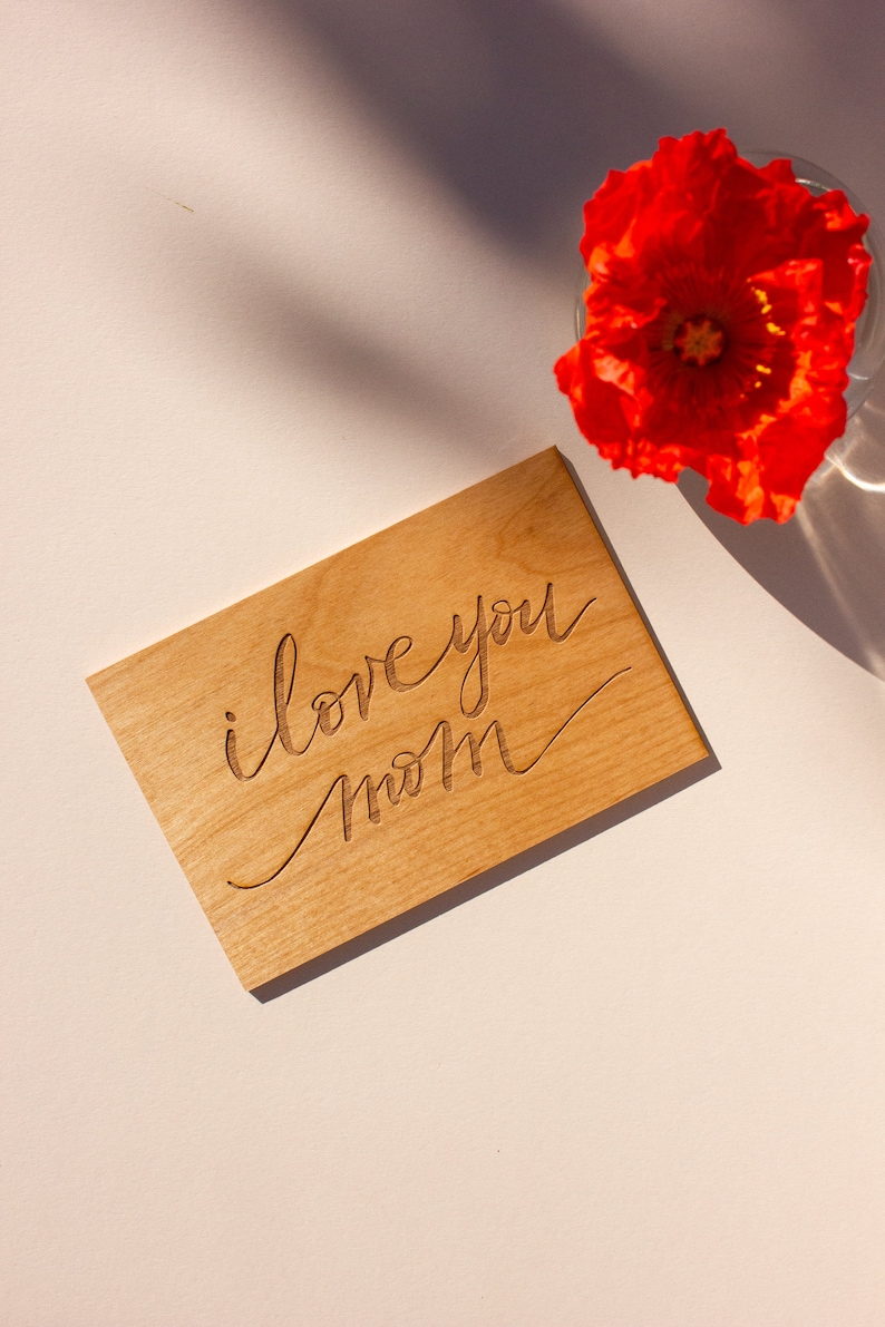 I Love You Mom Cursive Wood Mother's Day Card Mother's Day Gift, Card for Mom, Personalized Gifts for Mom, Greeting Card, Birthday Card Add typed message