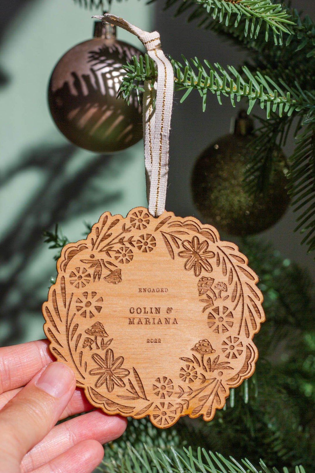 Personalized Wreath Folk Art Wood Ornament [custom Message, Love