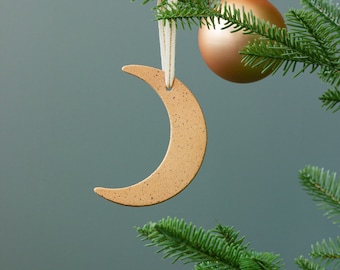 Speckled Crescent Moon Ceramic Ornament [Hand-Dipped Glaze, Handmade Ceramic Ornament, Christmas Ornament, Holiday Decor, Stocking Stuffer]