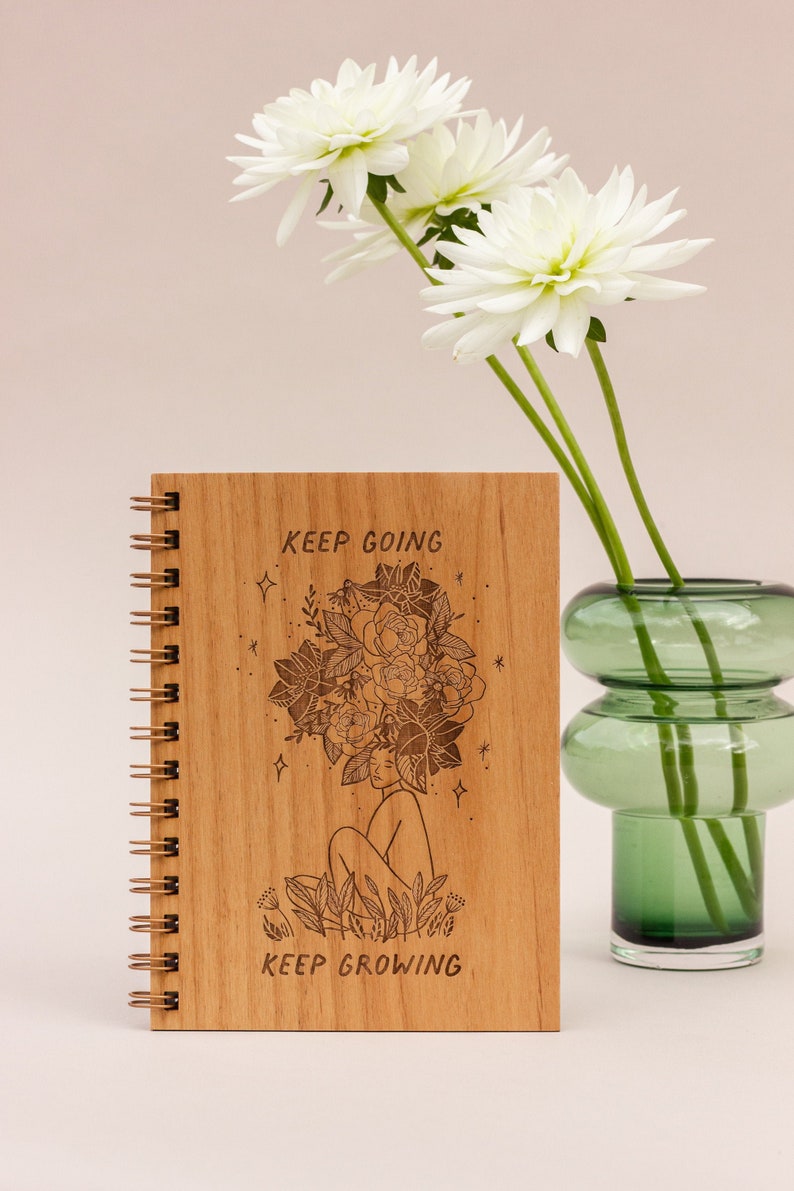 Keep Going Keep Growing Wood Journal Notebook, Sketchbook, Spiral Bound, Blank Pages, Gifts for Her, Just Because image 1