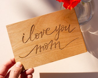 I Love You Mom Cursive Wood Mother's Day Card [Mother's Day Gift, Card for Mom, Personalized Gifts for Mom, Greeting Card, Birthday Card]