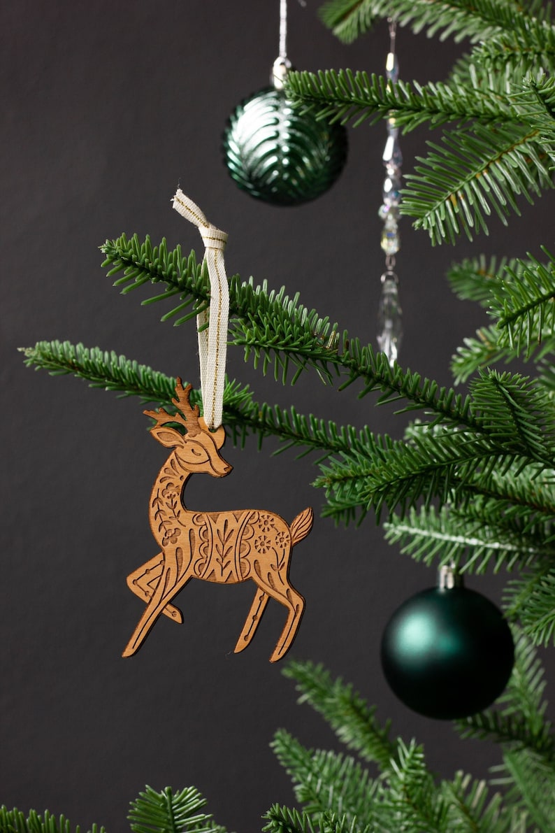 Deer Folk Art Wood Ornament [Scandinavian Christmas, Personalized Gifts, Holiday Decor, Stocking Stuffers, Nordic Christmas, Deer Ornament] image 1