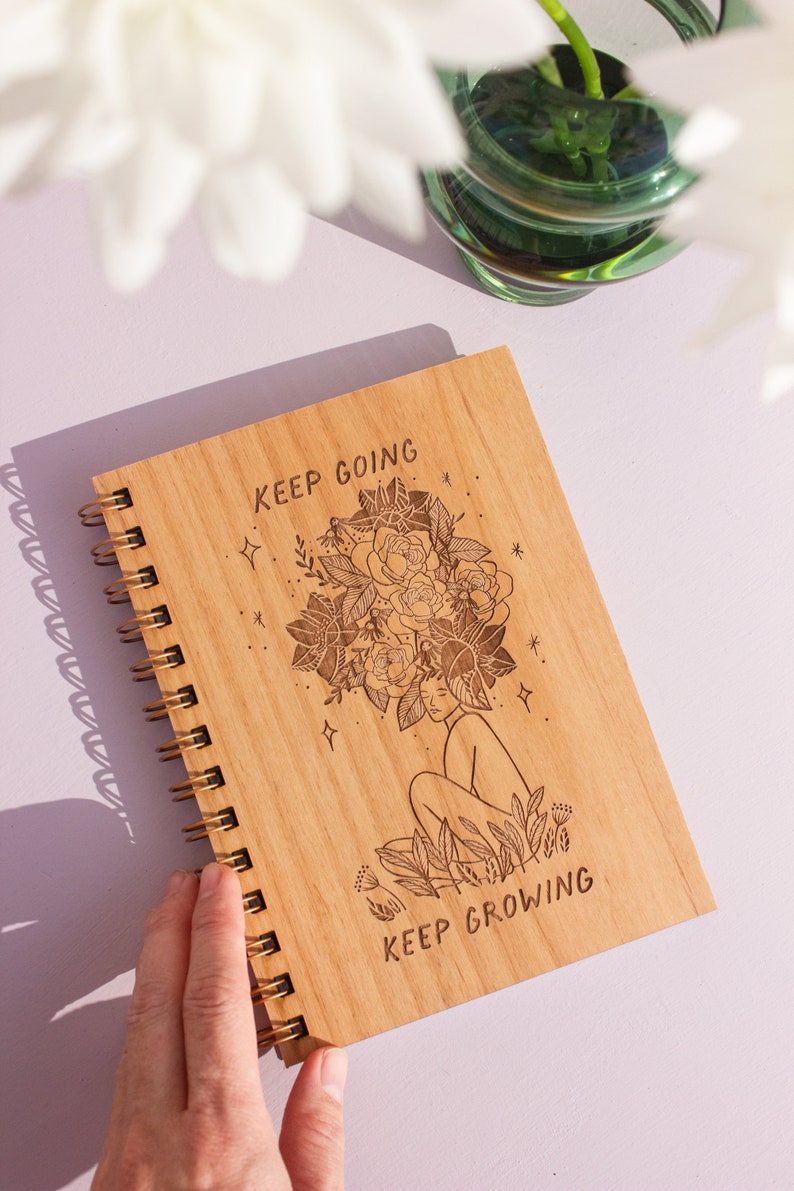 Keep Going Keep Growing Wood Journal Notebook, Sketchbook, Spiral Bound, Blank Pages, Gifts for Her, Just Because image 3