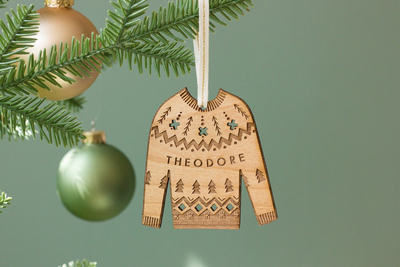 Christmas Sweater Wood Ornament Personalized Name, Custom Laser Cut, Holiday Stocking Stuffers, Gift for Boyfriend, Christmas Gift for Dad image 1