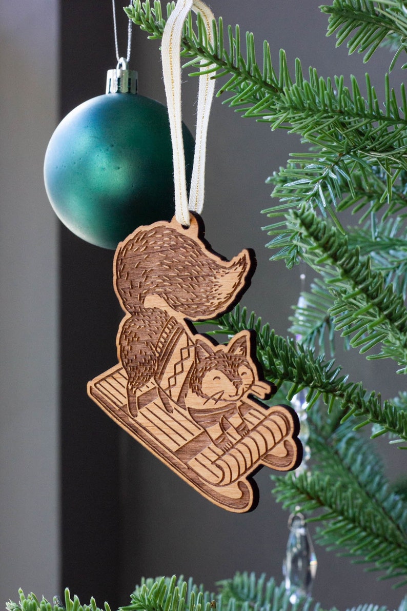 Sledding Fox Ornament Woodland Art, Cute Animal, Whimsical Illustrations, Personalized Gift, Sledding Ornament, Holiday, Stocking Stuffers image 1