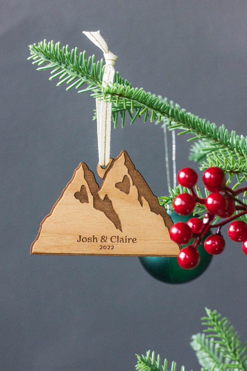 Personalized Mountains Ornament Couples Gift, Newlywed Holiday Ornament, Custom Wedding Gift, Our First Christmas, Hiking Ornament image 1