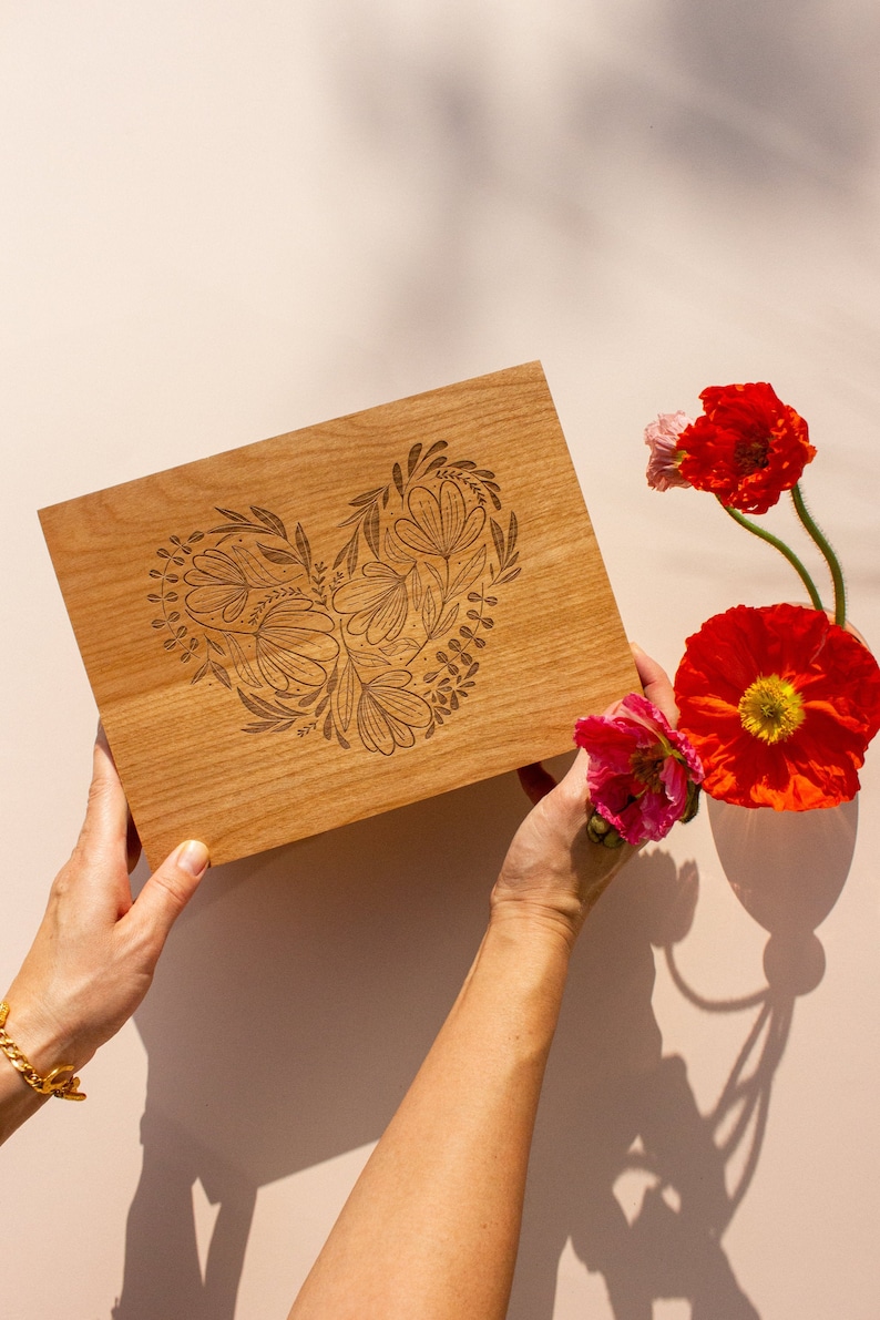 Woodblock Heart Wood Keepsake Box Fifth Anniversary Gift, Wood Box, Floral Heart Wedding Memory Box, Engagement Gift Box, Baby Memorial image 1