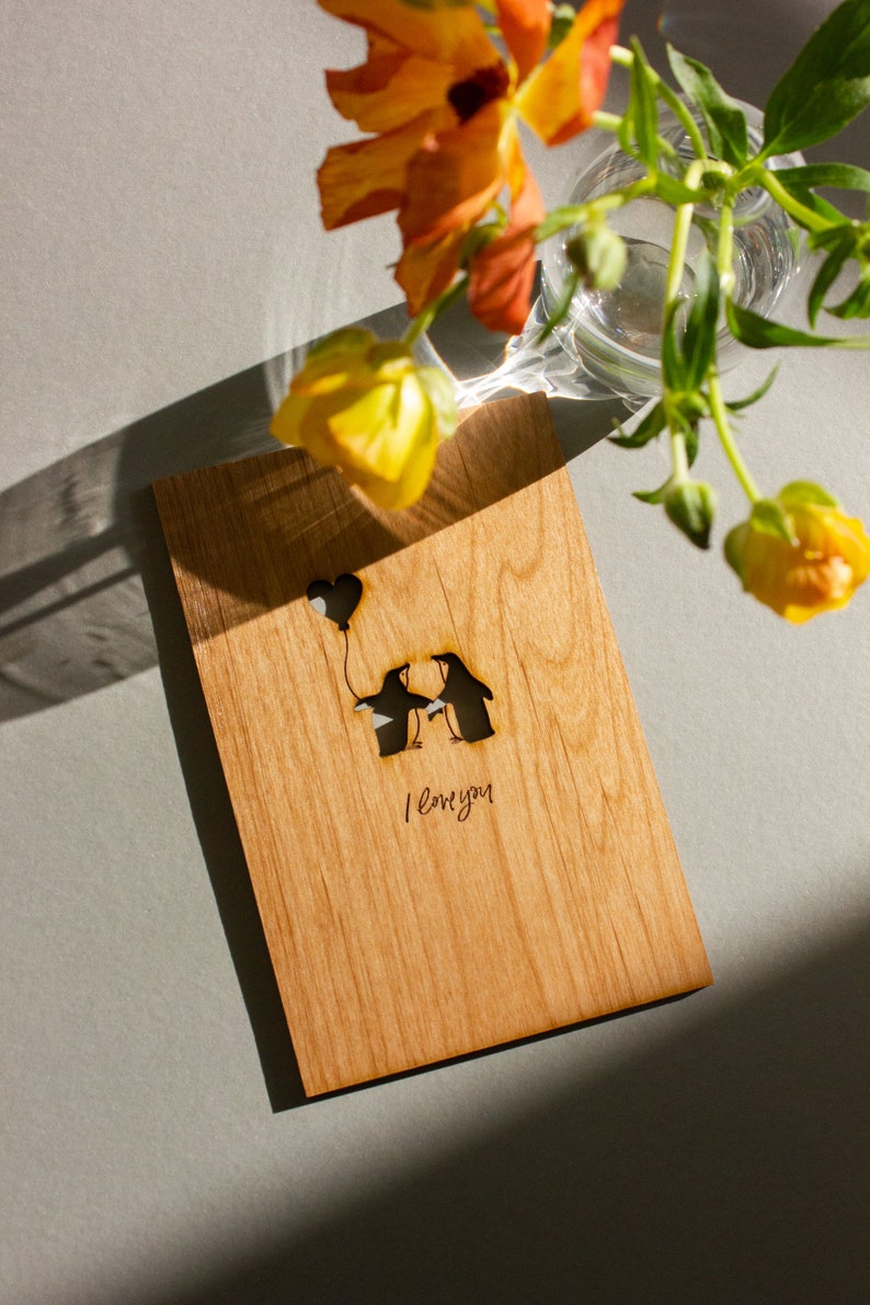 Penguin Love Wood Card Valentine's Day Card, Wood Anniversary Card, Penguin Lover Gift, 5th Wedding Anniversary Card, Card for Boyfriend Add your handwriting