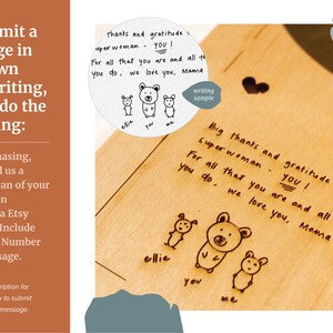 May include: A wooden plaque with a heart-shaped cutout and a handwritten message that reads "Big thanks and gratitude to our superwoman - you! For all that you are and all that you do, we love you, Mama bear!" The message is surrounded by a drawing of three bears.