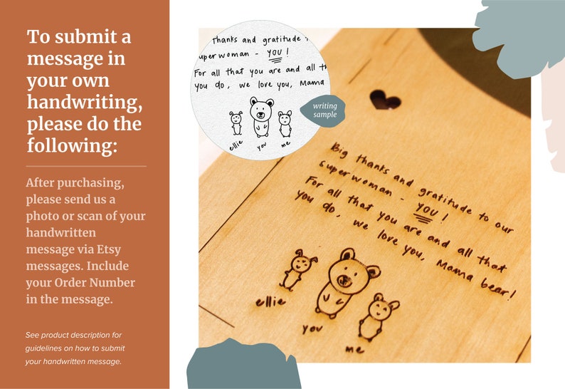 May include: A wooden plaque with a heart-shaped cutout and a handwritten message that reads "Big thanks and gratitude to our superwoman - you! For all that you are and all that you do, we love you, Mama bear!" The message is surrounded by a drawing of three bears.
