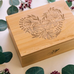 Woodblock Heart Wood Keepsake Box Fifth Anniversary Gift, Wood Box, Floral Heart Wedding Memory Box, Engagement Gift Box, Baby Memorial image 6