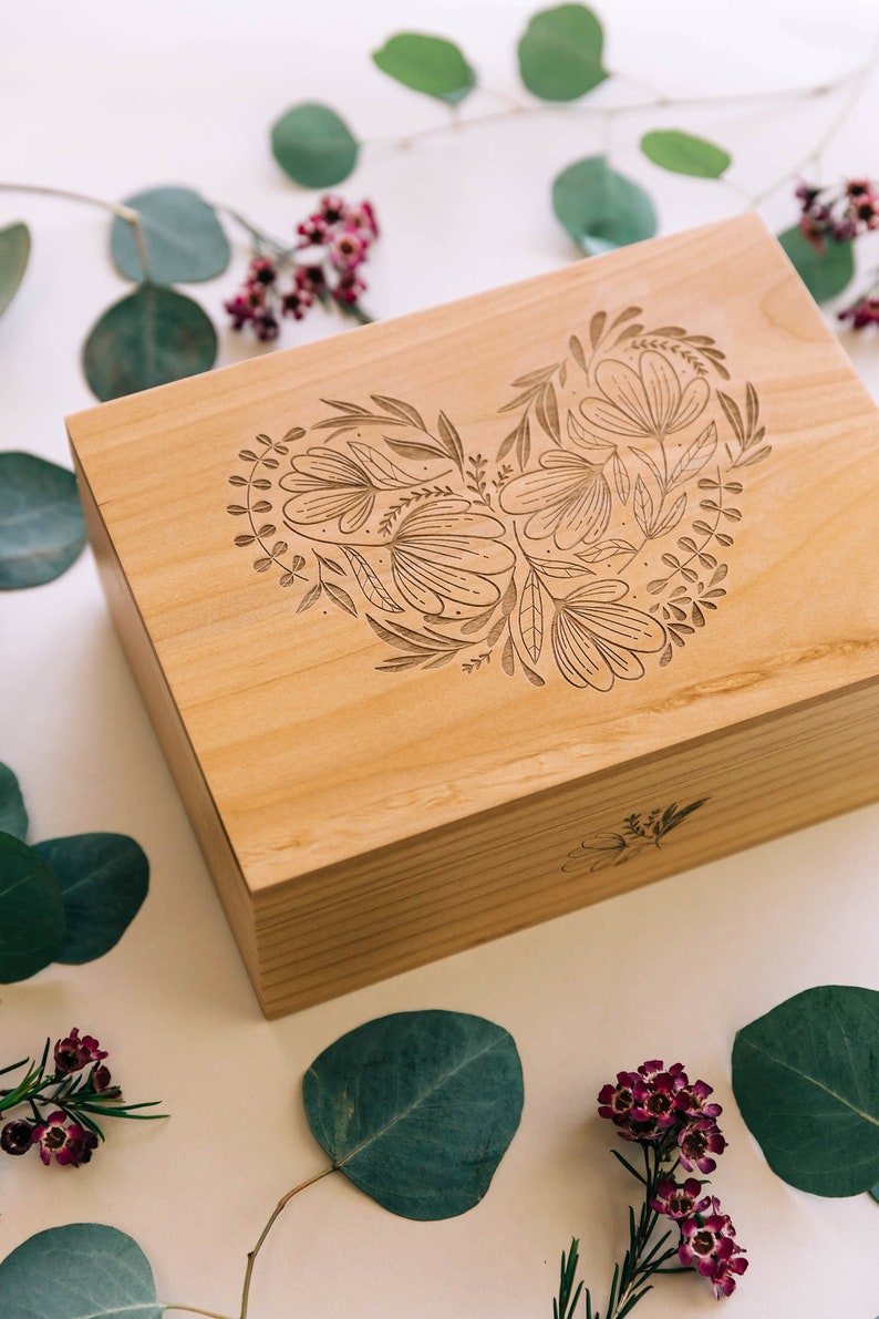 Woodblock Heart Wood Keepsake Box Fifth Anniversary Gift, Wood Box, Floral Heart Wedding Memory Box, Engagement Gift Box, Baby Memorial image 6