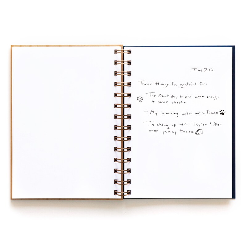 Puede incluir: Diario abierto con p&aacute;ginas rayadas y encuadernaci&oacute;n en espiral. La p&aacute;gina derecha tiene texto escrito a mano: "June 20", "Three things I'm grateful for" y tres vi&ntilde;etas. El diario tiene una cubierta marr&oacute;n y un lomo azul marino.