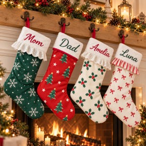 Personalized Christmas Stocking with Name, Embroidered Lace Ruffle Stocking, Coquette Bow Holly Snowflake Family Stockings, Xmas Gift