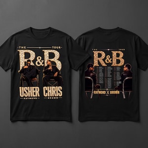 May include: A black t-shirt featuring a graphic print of Usher and Chris Brown. The front displays the text THE R&B TOUR with the artists' names. The back shows the same text with a list of tour dates and locations printed between the artists.