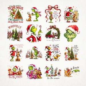 Könnte beinhalten: Eine Sammlung von sechzehn weihnachtlichen Illustrationen mit einer grünen Figur in einer Weihnachtsmütze und einem braunen Hund. Die Motive zeigen verschiedene Festtagsszenen mit Texten wie 'From the windows to the walls I'm about to deck these halls', 'Whoville', 'If I can't bring my dog I'm not going', 'Tis the season' und 'Boop'.