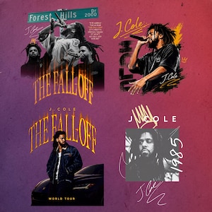 May include: A digital collage featuring J. Cole with the text Forest Hills Dr 2000, The Fall Off, and 1985. The artwork includes multiple portraits of the artist performing and posing, stylized with yellow and orange flame graphics, signatures, and a car.