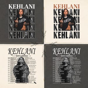 Könnte beinhalten: Ein grafisches Poster mit vier Feldern, das Kehlani zeigt. Zwei Felder zeigen ein Porträt von Kehlani in einem schwarzen Kapuzenpullover mit dem Text 'KEHLANI' und 'crash'. Zwei Felder zeigen einen Tourneeplan für Nordamerika.