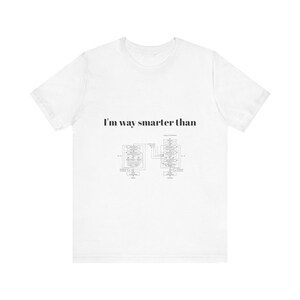 Può includere: Una t-shirt bianca a maniche corte con il testo nero 'I'm way smarter than' posizionato sopra un dettagliato diagramma tecnico in bianco e nero di un'architettura di rete neurale, incluse etichette per input, output e vari livelli di elaborazione.