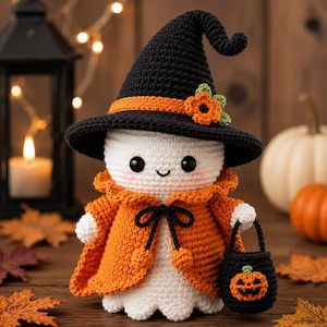 May include: A crocheted ghost figurine wearing a black witch hat with an orange band and flower, and an orange cape with a black tie. The ghost has black bead eyes, pink cheeks, and holds a small black crocheted bucket with an orange pumpkin face.