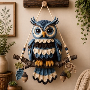 Op de afbeelding: Een gehaakte uil wandhanger in blauw, donkerbruin en crèmekleurig garen. De uil zit op een donkerbruine tak die aan een touw met blauwe en crèmekleurige kralen hangt. Decoratieve gehaakte blaadjes en eikeltjes hangen onderaan de tak.