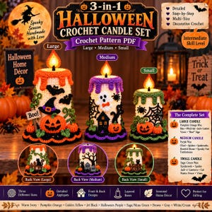 Mönster för virkad Halloween-ljus i PDF-format, stora, medelstora, små ljus, läskig heminredning, gör-det-själv-mönster för pumpa, spindel och spöke