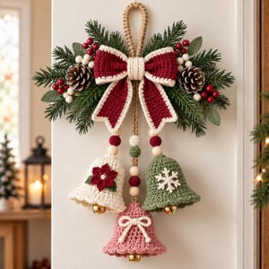 Può includere: Una decorazione da parete con un grande fiocco all'uncinetto bordeaux e crema, rami di pino, pigne e bacche rosse. Tre campane all'uncinetto color crema, verde e rosa pendono sotto, ciascuna con un piccolo campanellino dorato e perline.