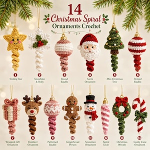 May include: Fourteen crochet Christmas spiral ornaments featuring a smiling star, snowflake, baubles, Santa, tree, gift, reindeer, gingerbread person, snowman, icicle, wreath, and candy cane. Text reads 14 Christmas Spiral Ornaments Crochet.
