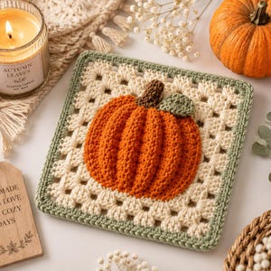 May include: A square crochet granny square featuring a central three-dimensional orange pumpkin with a brown stem and a green leaf, bordered by cream-colored yarn and finished with a sage green edge. The design is textured and handmade in appearance.