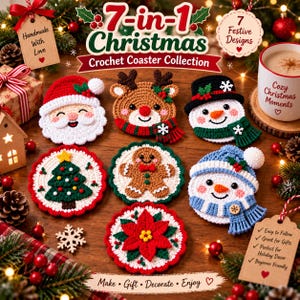 May include: A collection of seven round crochet coasters featuring Christmas designs including Santa Claus, a reindeer, a snowman, a Christmas tree, a gingerbread man, a blue-hatted snowman, and a poinsettia flower, all arranged on a wooden surface.