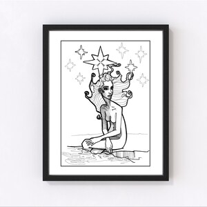 スター 8x10 ファインアートプリント タロットカード オカルト マジック 黒と白 ペンとインク 手描き カードストック 厚紙 魔女 満月 異教徒