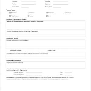 Puede incluir: Un formulario de advertencia escrita para empleados en blanco y negro con campos para empresa, empleado, puesto, supervisor, fecha del incidente y fecha de advertencia, incluyendo secciones para detalles, acciones correctivas y firmas.