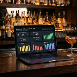 May include: A laptop displaying a Bar Inventory & Financial Dashboard with various charts and data points. Next to the laptop sits a cocktail in a stemmed glass with an orange peel, a stainless steel cocktail shaker, and a small metal jigger.