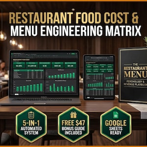 May include: A laptop and tablet displaying a restaurant food cost and menu engineering matrix dashboard, alongside a book titled The Restaurant Menu Psychology & Revenue Playbook, with three hexagonal badges highlighting a 5-in-1 automated system.