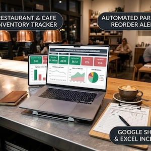 May include: A silver laptop and a tablet displaying an executive operations and food waste KPI dashboard, positioned on a metal counter with a brown notebook, a coffee cup on a saucer, and a clipboard with an inventory checklist and a black pen.