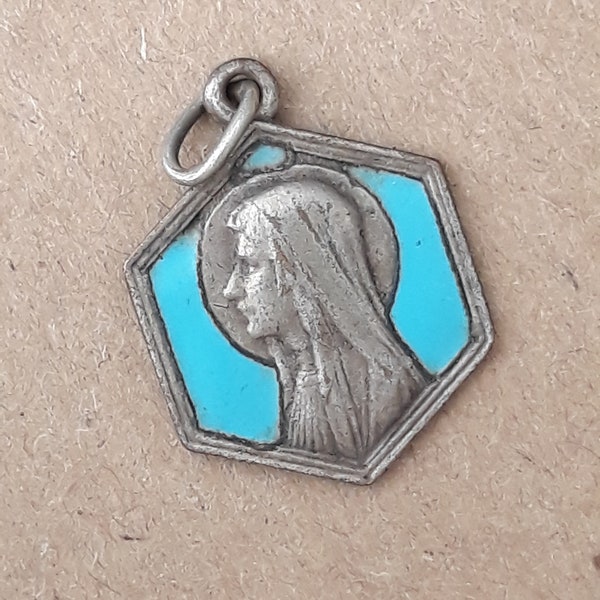 Antique French blue enamel Religious Medal Our Lady of Lourdes circa 1920'  Pendant Old  Charm jewelry