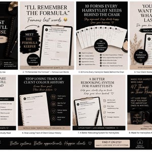 May include: A digital collection of printable hairstylist client forms and salon management resources by Luxe Edge. The set includes various templates for tracking hair colour history, appointment details, and client aftercare instructions in a professional layout.