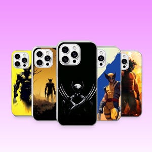 Peut inclure: Cinq coques de smartphone présentant diverses illustrations d'un personnage aux griffes métalliques. Les motifs incluent une silhouette jaune, une figure sombre sur fond de coucher de soleil, un gros plan noir et blanc, un héros en costume jaune.